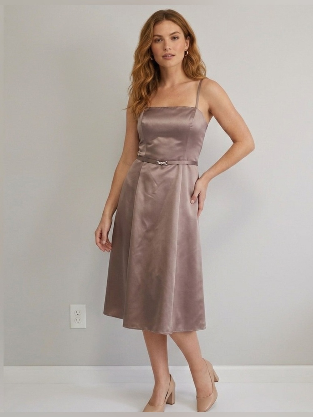 Michaelangelo Satin Brown Latte Belted Midi Dress, Size 2, Tea length, formal